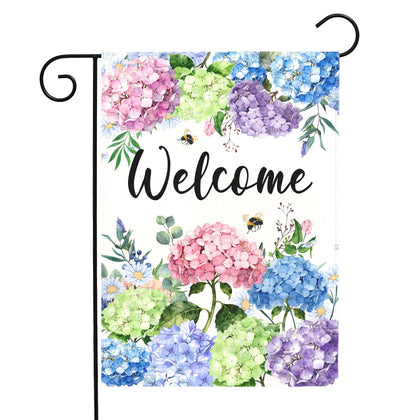 Dacawin Welcome Hydrangea Flag seen from the front porch for curb appeal.