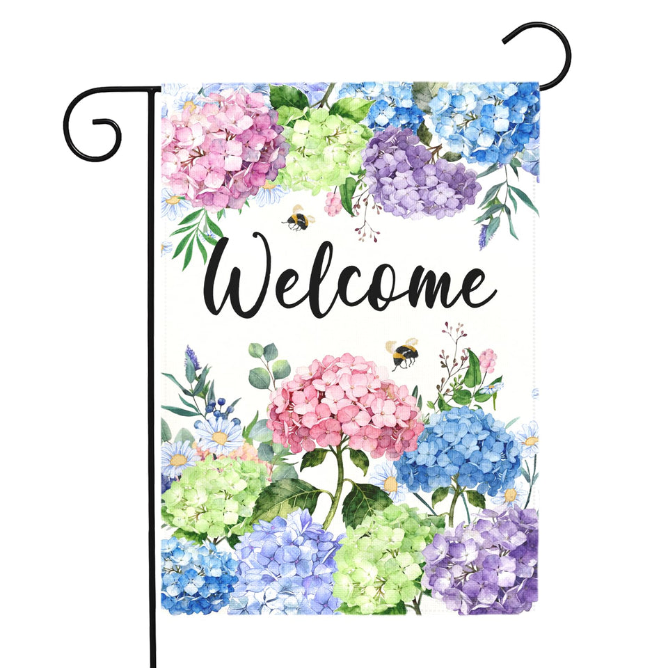 Dacawin Welcome Hydrangea Flag seen from the front porch for curb appeal.