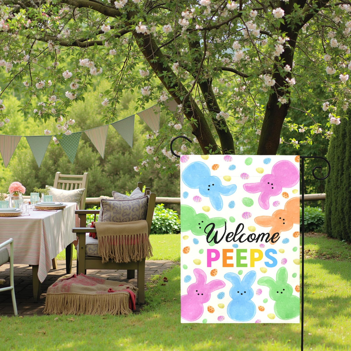 Dacawin Welcome Peeps Easter flag with eggs and pastel colors for festive decor