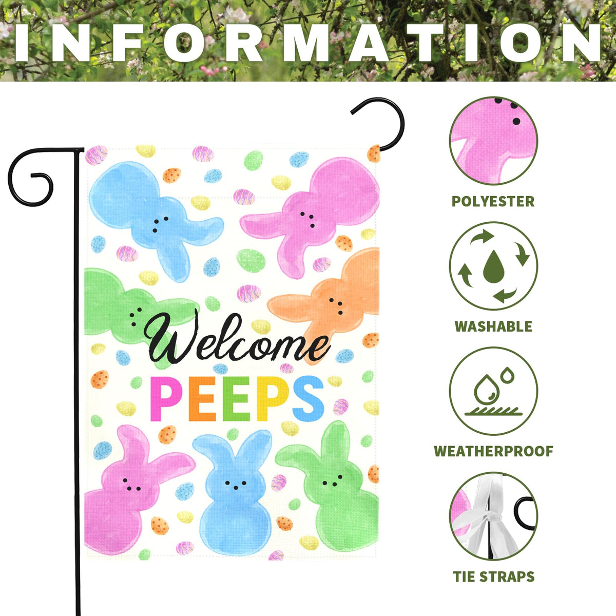Dacawin Welcome Peeps Easter flag front view showing cheerful patterns