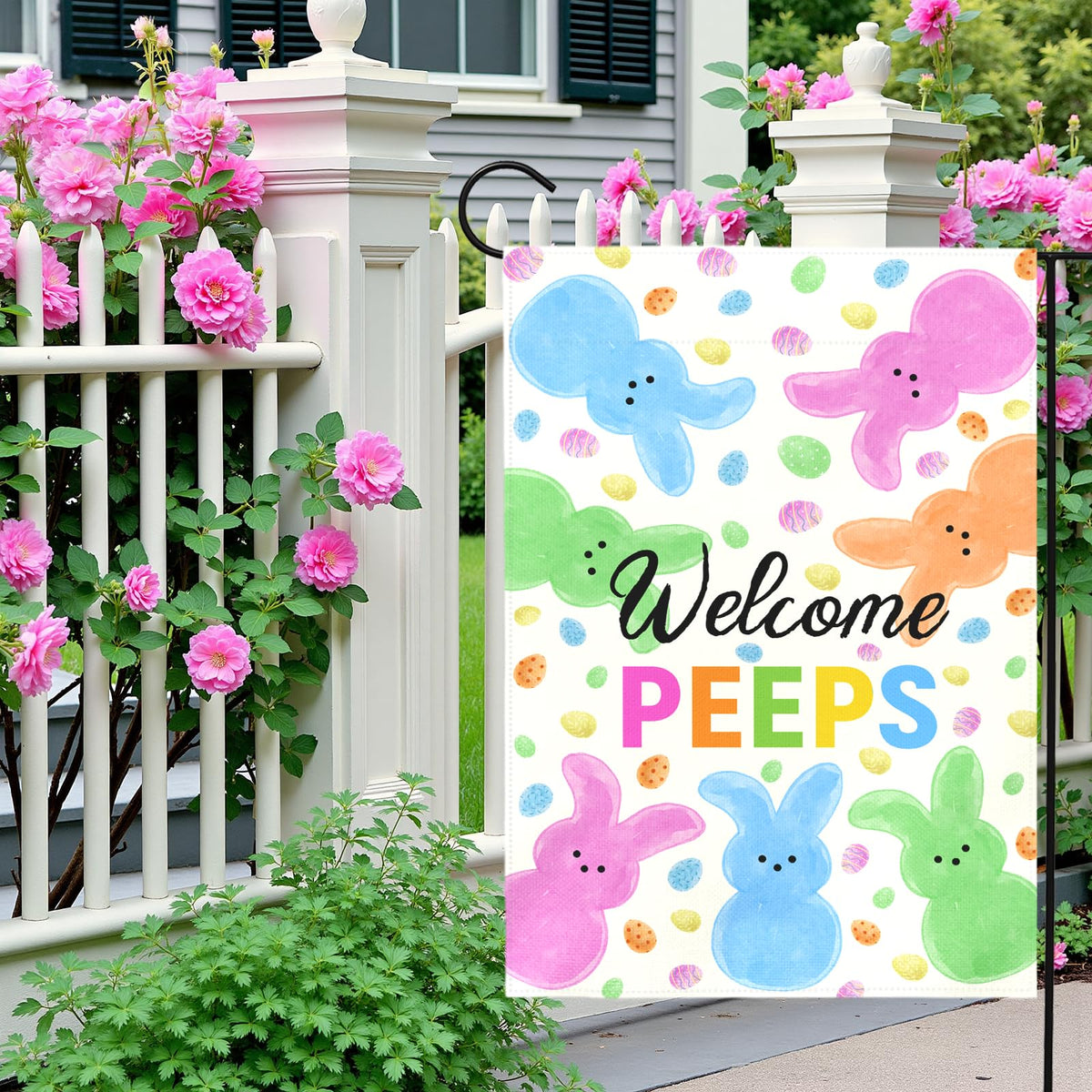 Dacawin Welcome Peeps Easter flag by the porch entrance for welcoming guests