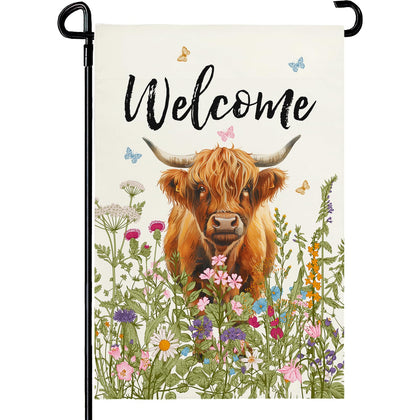 Dacawin Welcome Spring Highland Cow flag with flowers for seasonal yard decor.