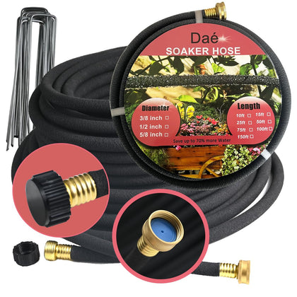 Daé rubber soaker hose with brass connector for leak-free irrigation.