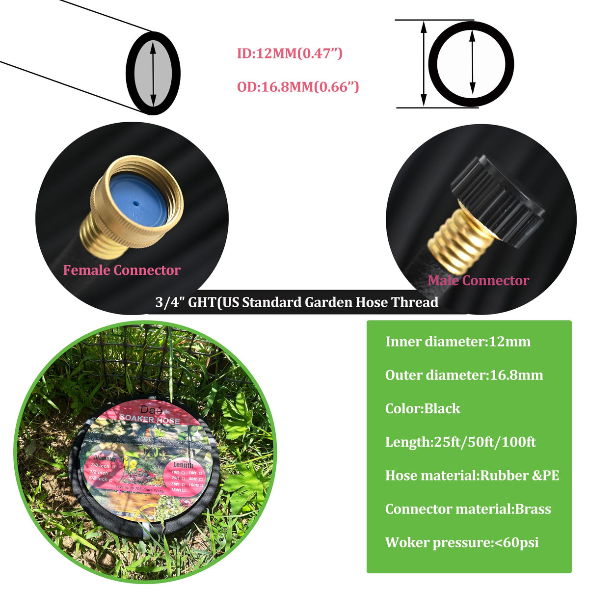 Daé soaker hose on soil surface shows easy flow monitoring.