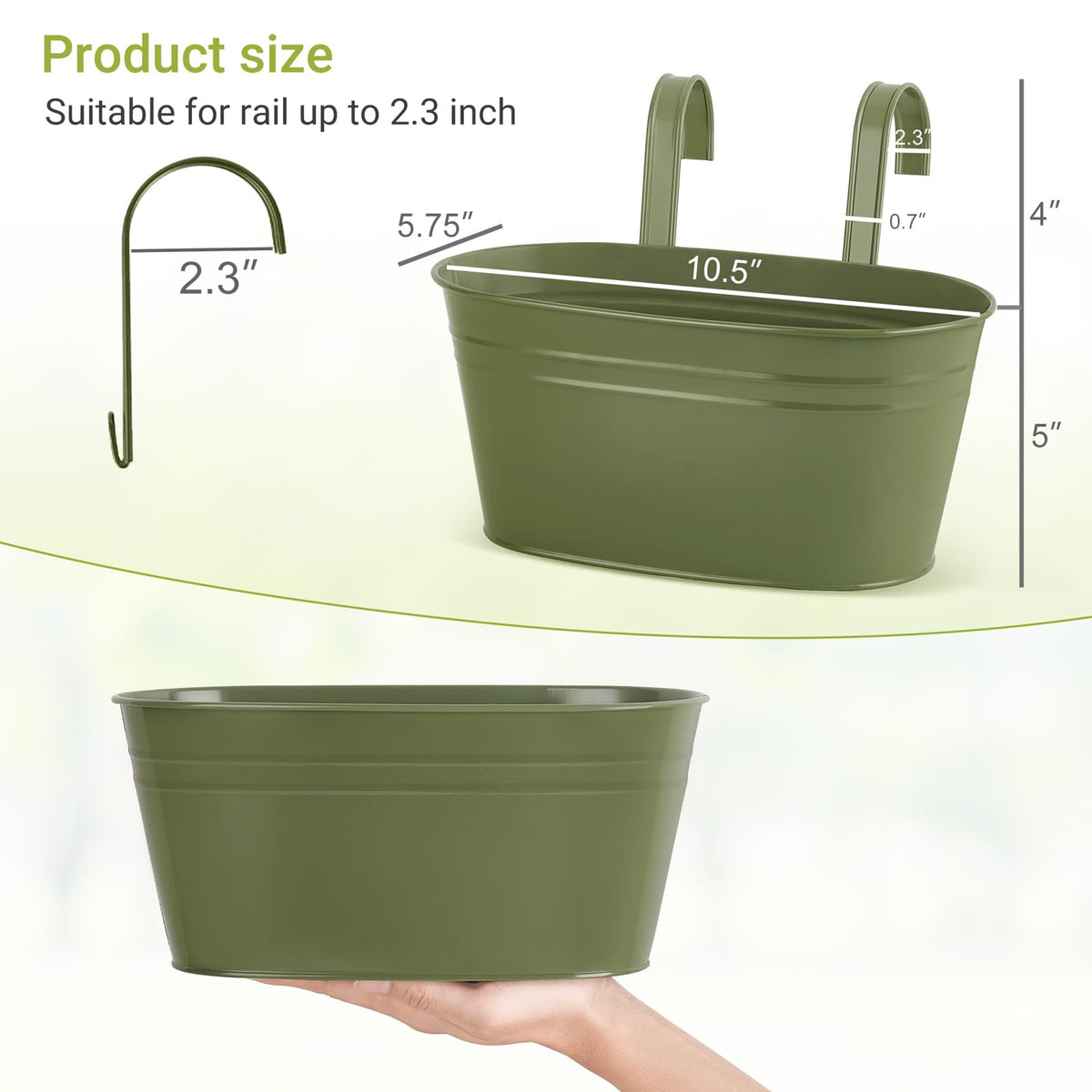 Dahey hanging planter on rail assembly showing detachable hooks for easy setup