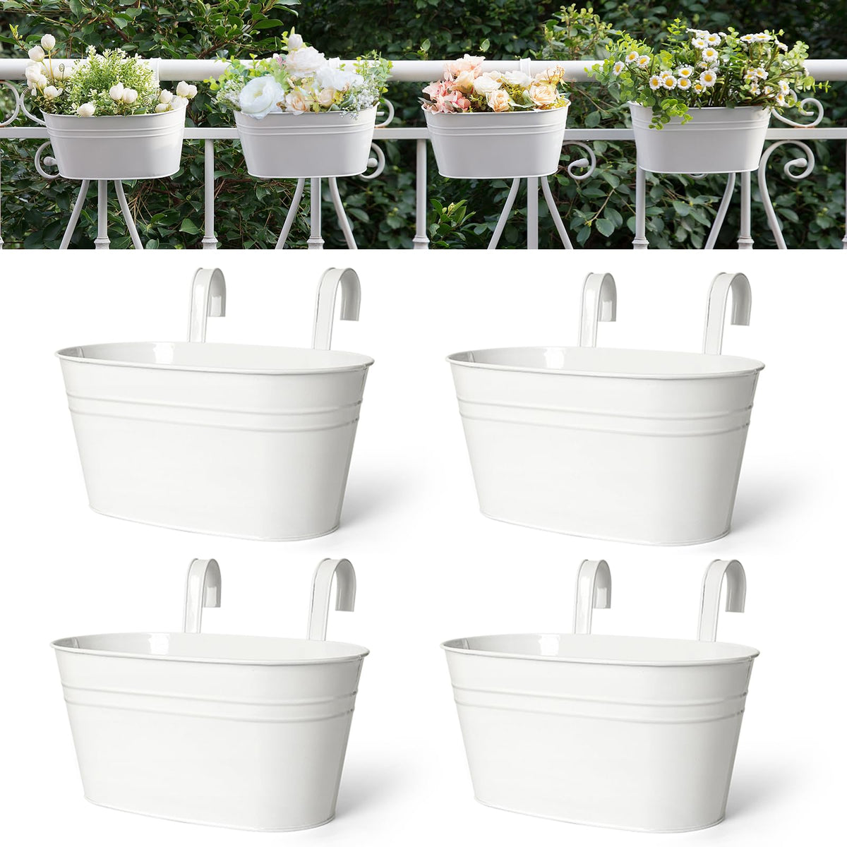 Dahey rail-hanging planter in white for balcony mounting and greenery