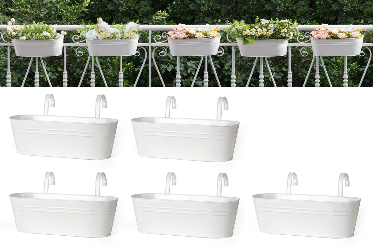 Dahey hanging planter on a white balcony railing, ideal for herbs.