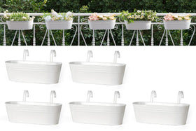 Dahey hanging planter on a white balcony railing, ideal for herbs.