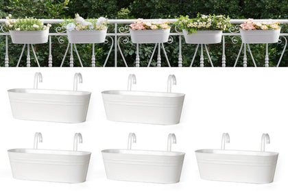 Dahey hanging planter on a white balcony railing, ideal for herbs.