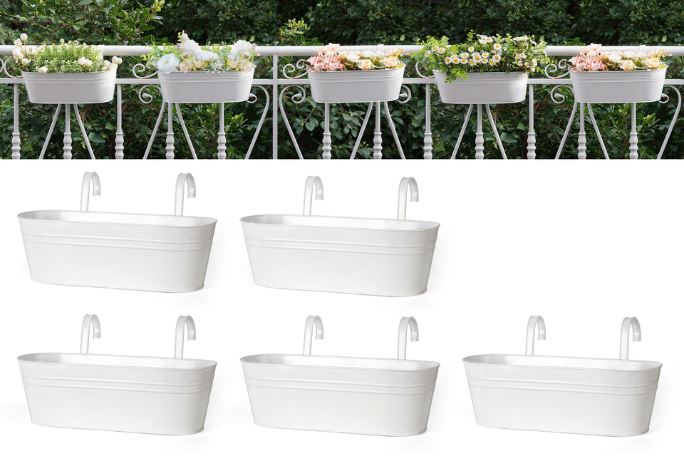 Dahey hanging planter on a white balcony railing, ideal for herbs.