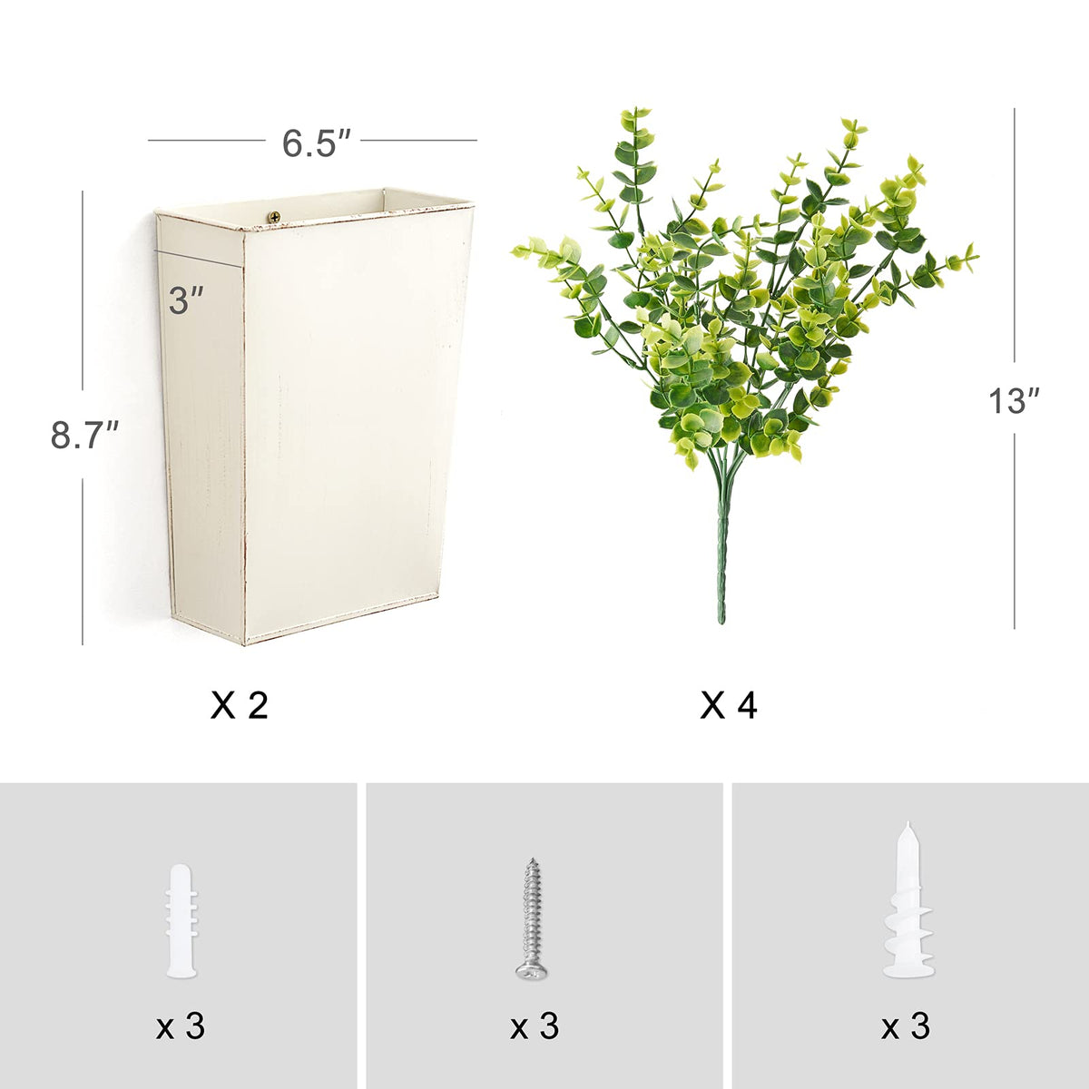 Dahey white galvanized look planters brighten living rooms with faux greenery.