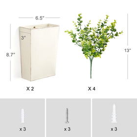 Dahey white galvanized look planters brighten living rooms with faux greenery.