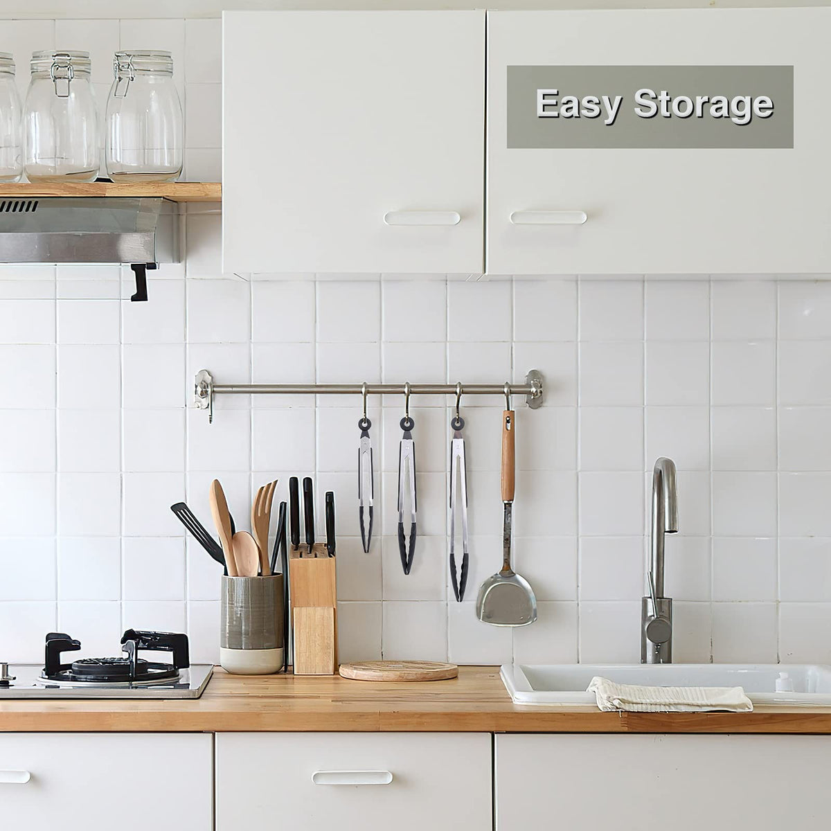 Daily Kisn pull-lock tongs keep closed for safe, compact storage.