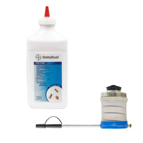 Daisy J&M DeltaDust 1lb bottle with clear 5-inch puffer for drains.