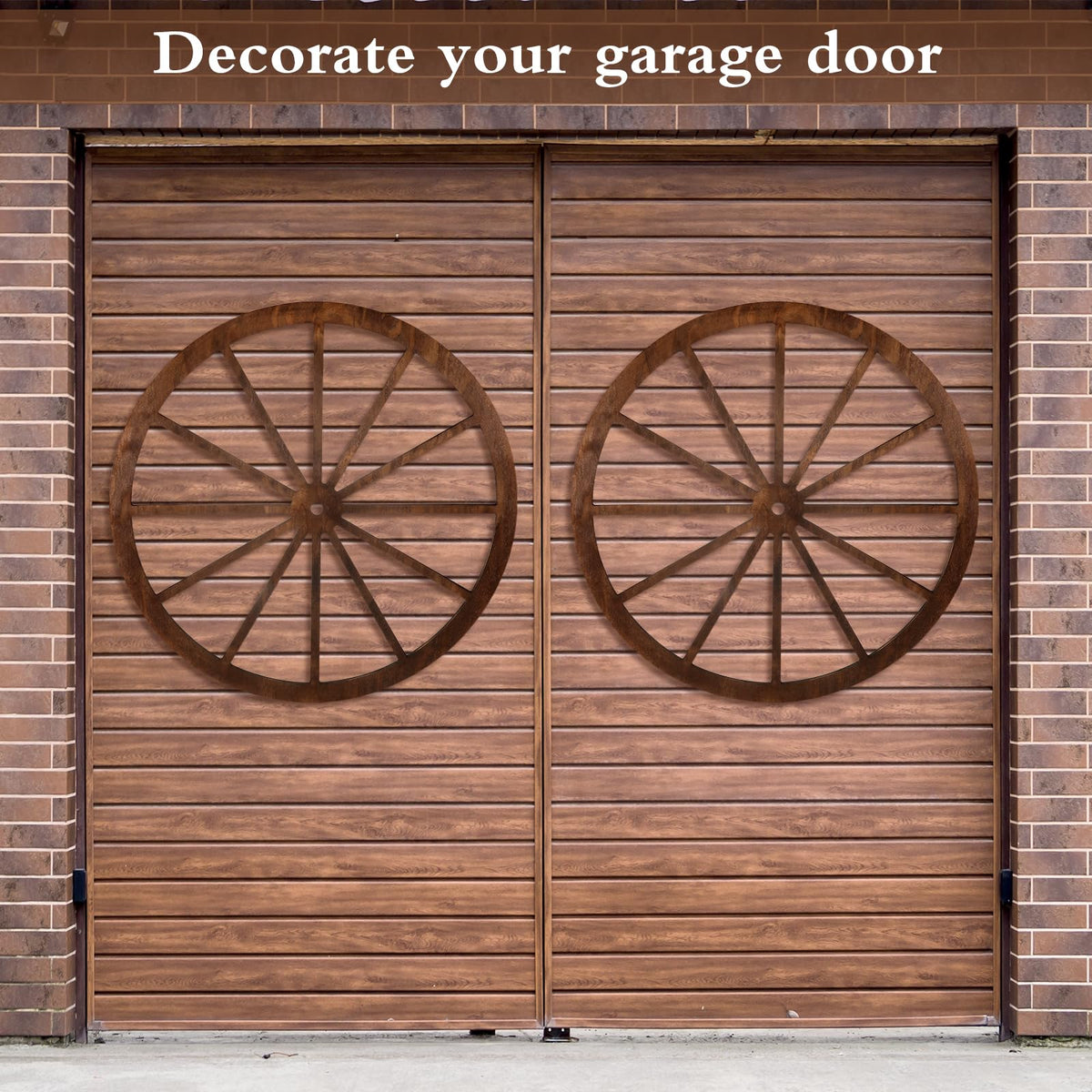 DaisyInner 30-inch wood wagon wheel decor serves as a bold rustic focal point.
