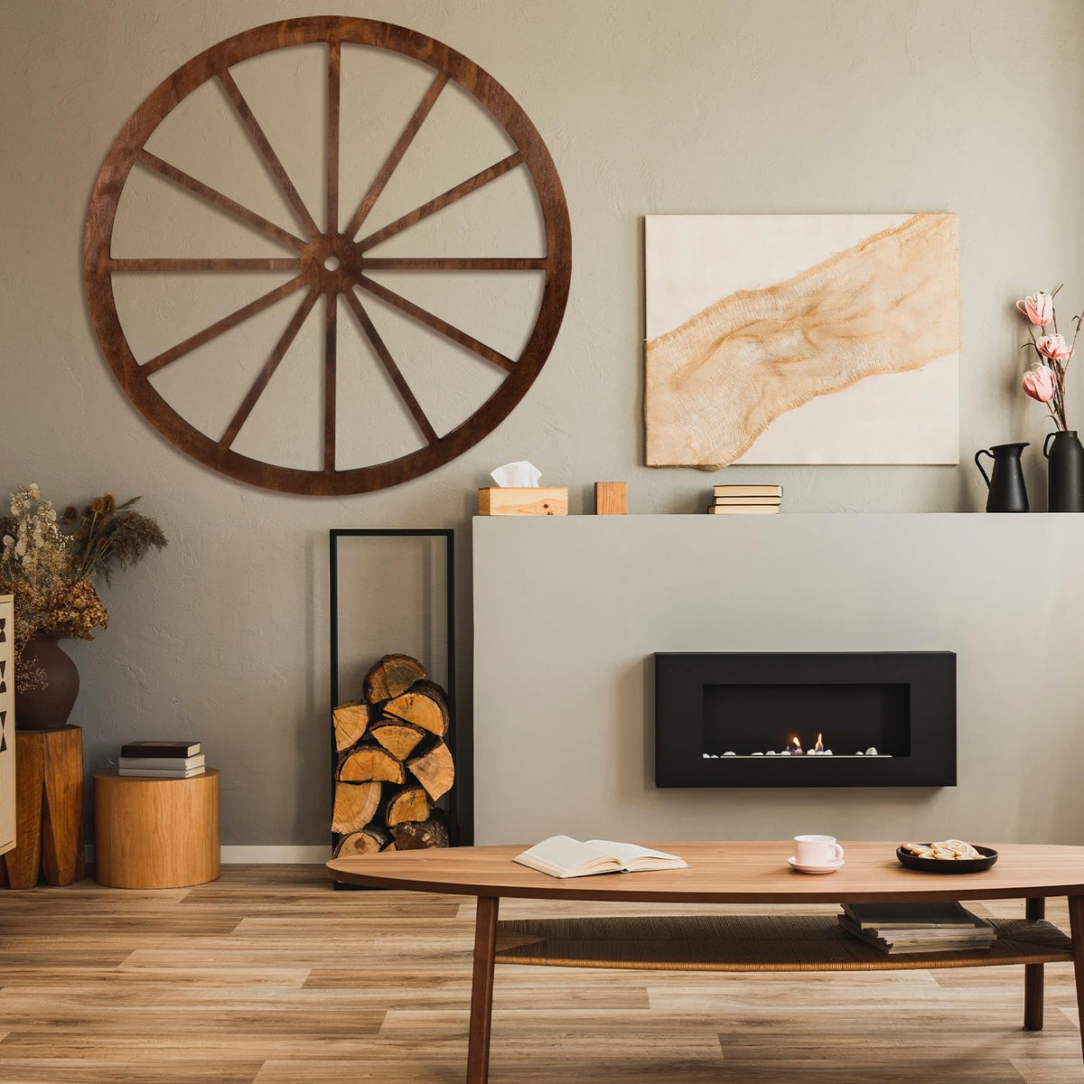 DaisyInner rustic wood cartwheel suitable for DIY projects and wall displays.