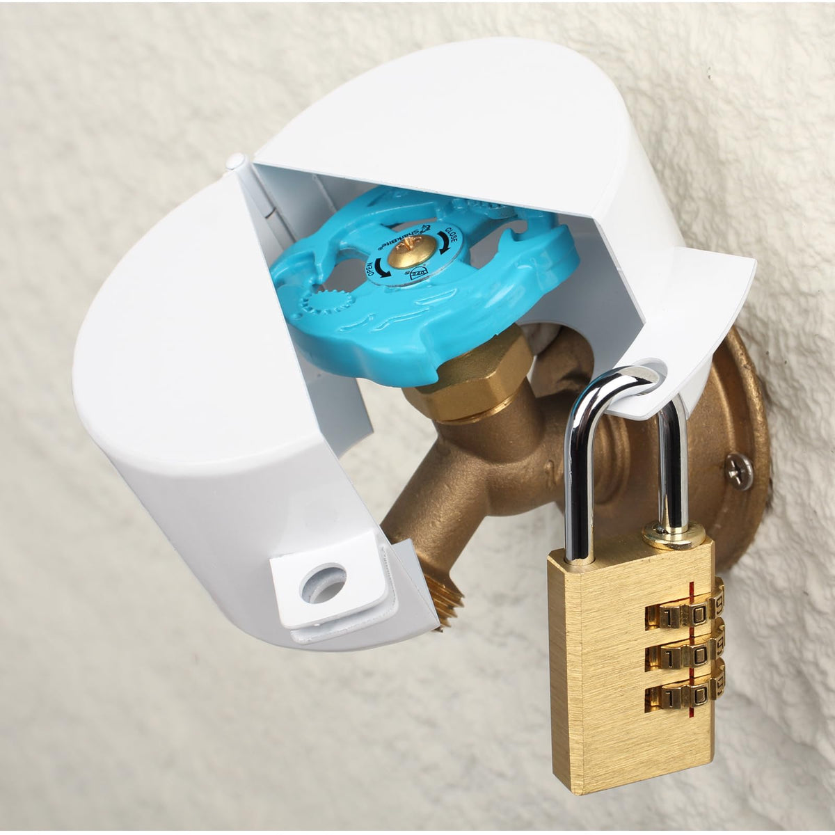 Dakekou faucet lock outdoors with white padlock securing the water spigot
