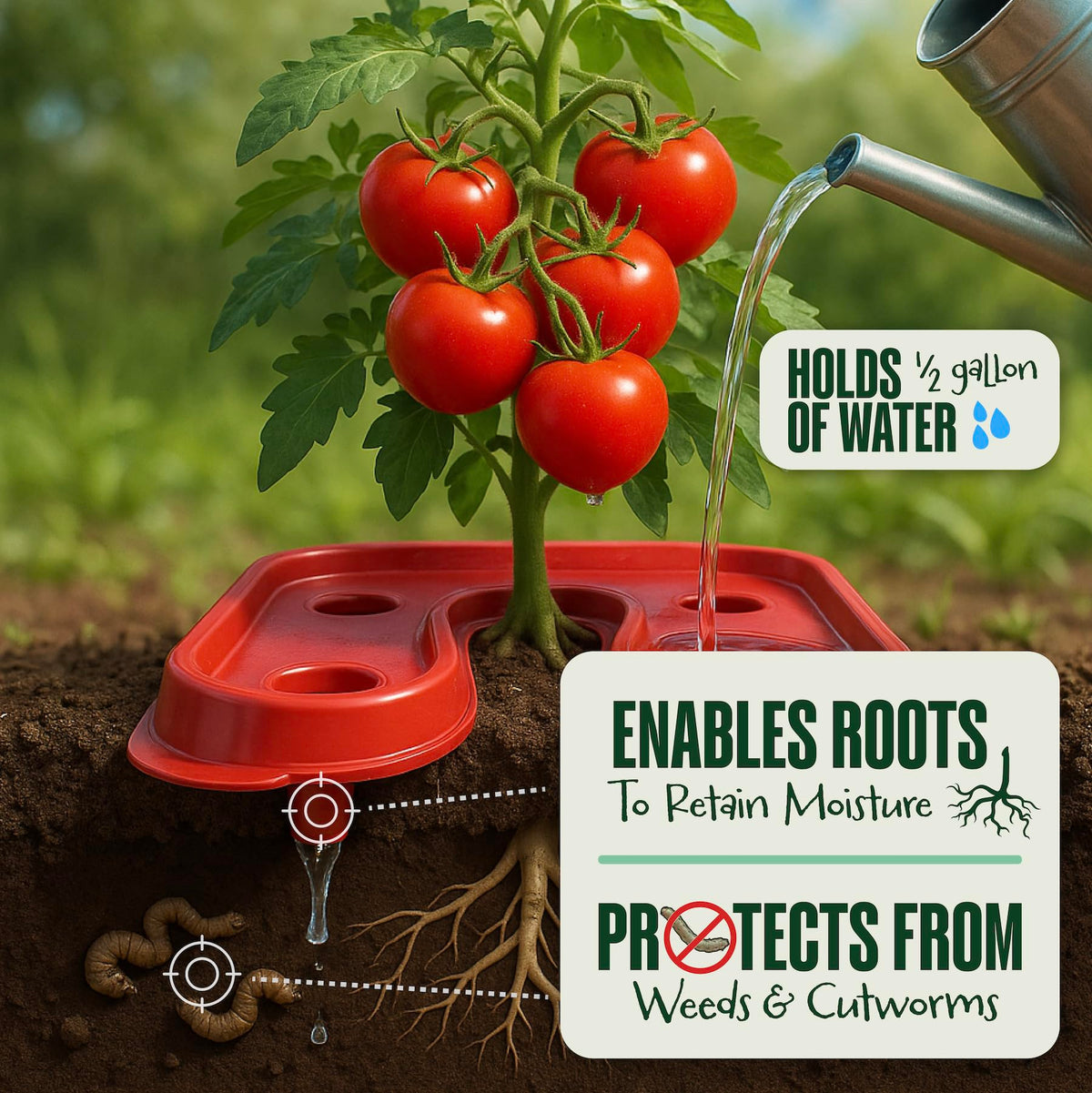 Dalen Automator root-watering basin protects stems from weeds and pests.