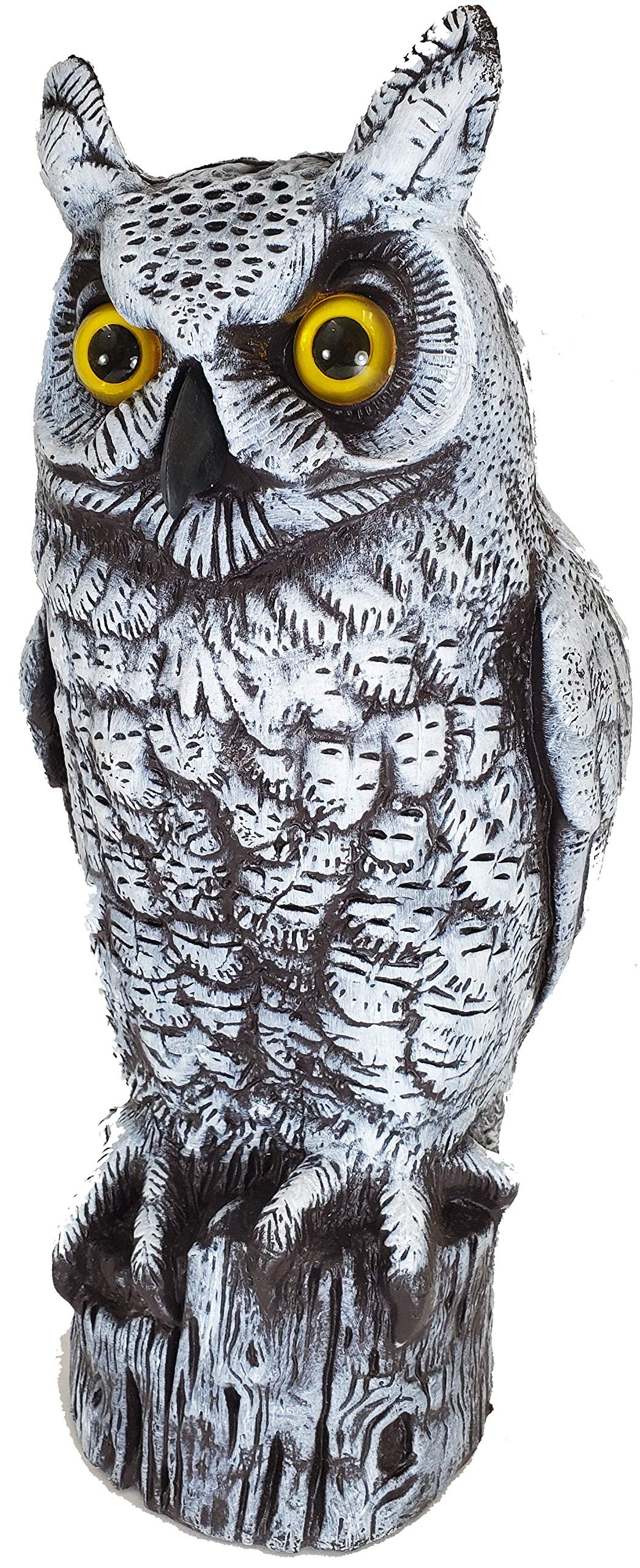 Dalen fake owl decoy Snow White on log perch deters garden birds