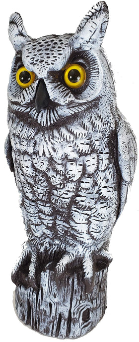 Dalen fake owl decoy Snow White on log perch deters garden birds