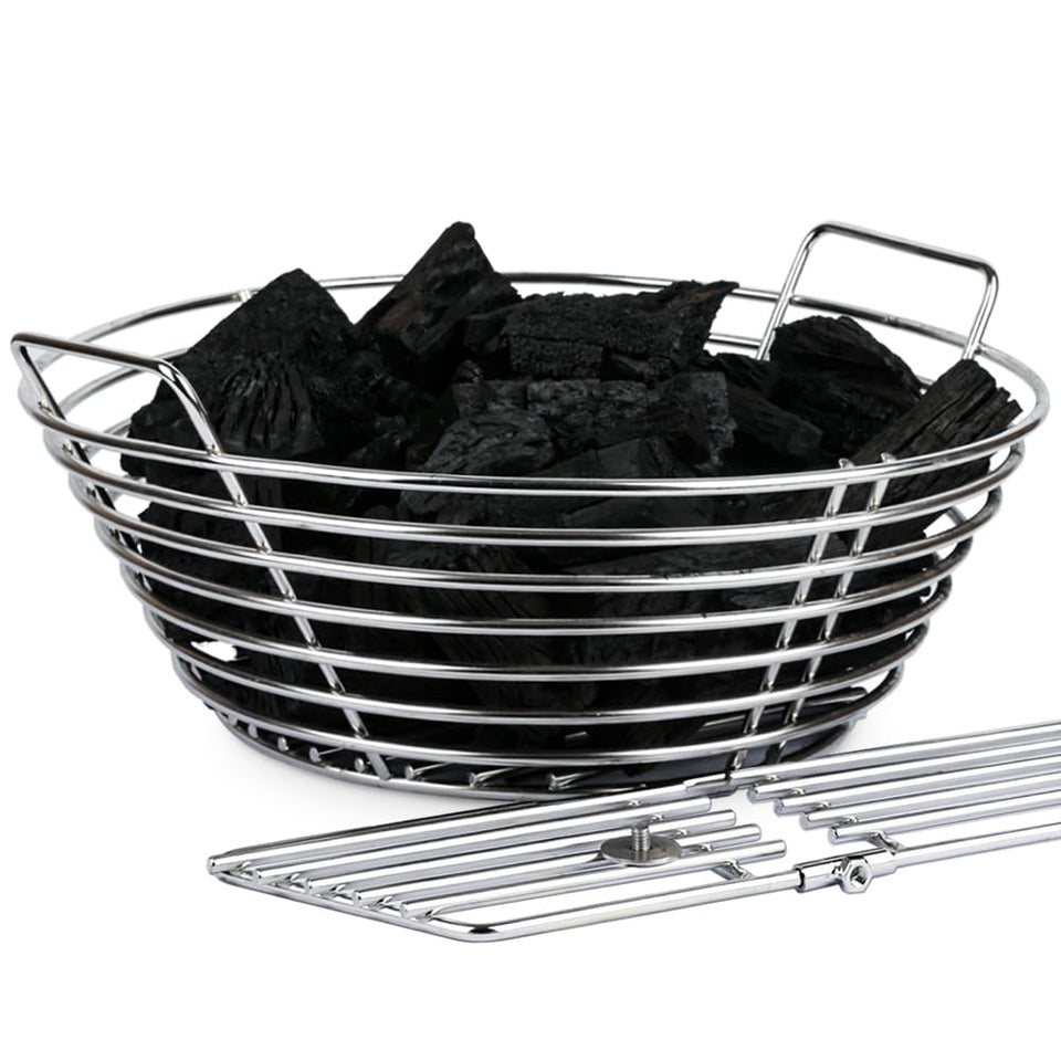 Dallden Charcoal Ash Basket on a Large Big Green Egg front view for seamless fit.