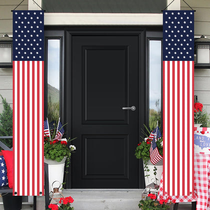 DanCoom porch banner on the front door adds festive curb appeal for July 4th