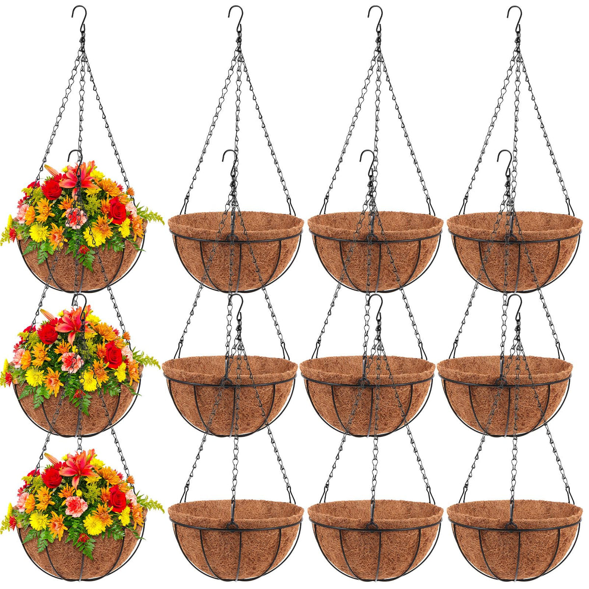 Dandat 12-pack hanging planter baskets with 10-inch outdoor display for lush porches