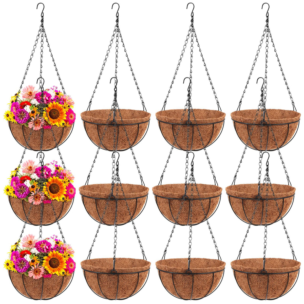 Dandat 12-pack hanging planter baskets with coco liner for lush porch displays.