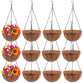 Dandat 12-pack hanging planter baskets with coco liner for lush porch displays.