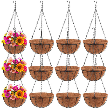 Dandat 12-pack hanging planter baskets with coco liner for lush porch displays.