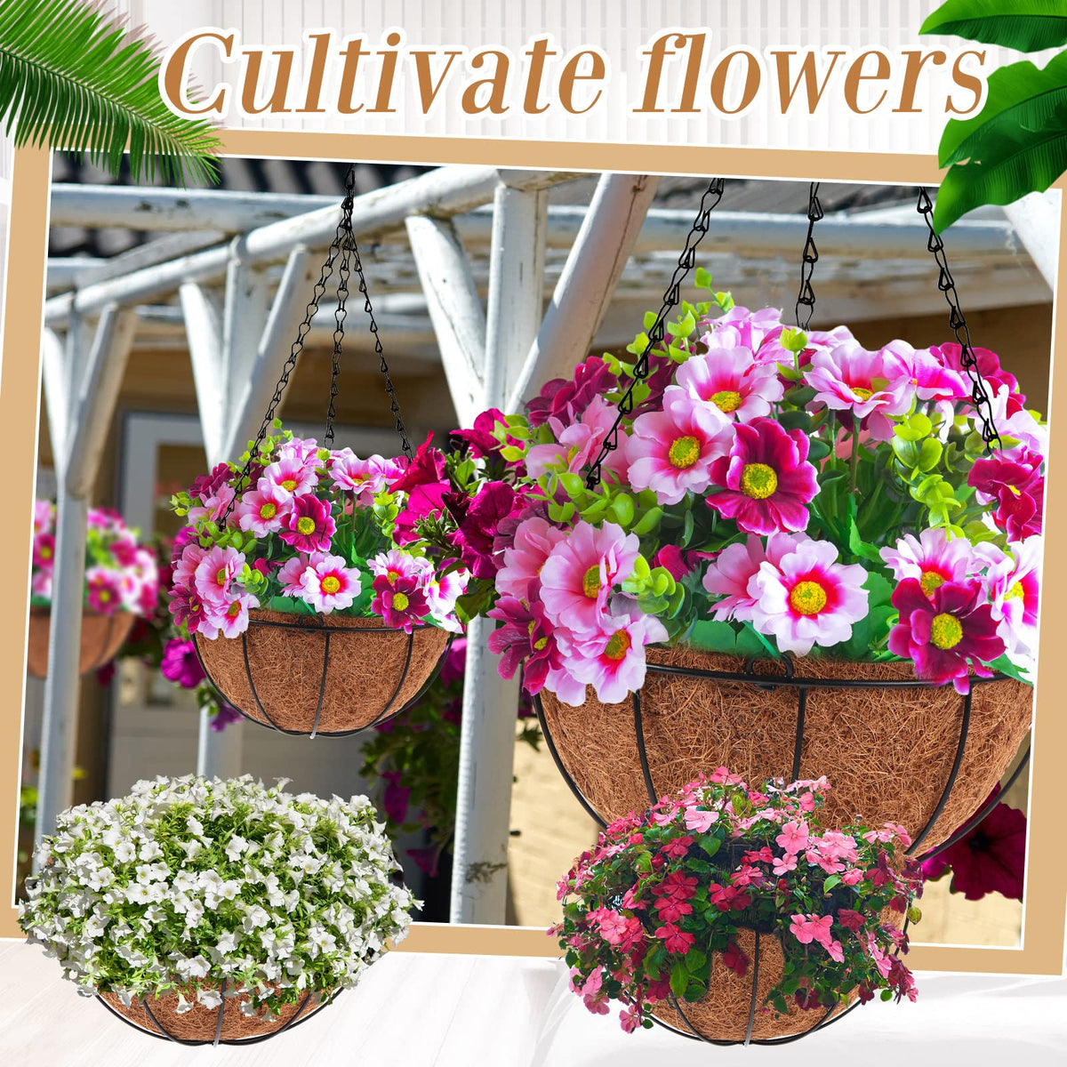 Dandat outdoor hanging baskets with round wire frame offer sturdy support.