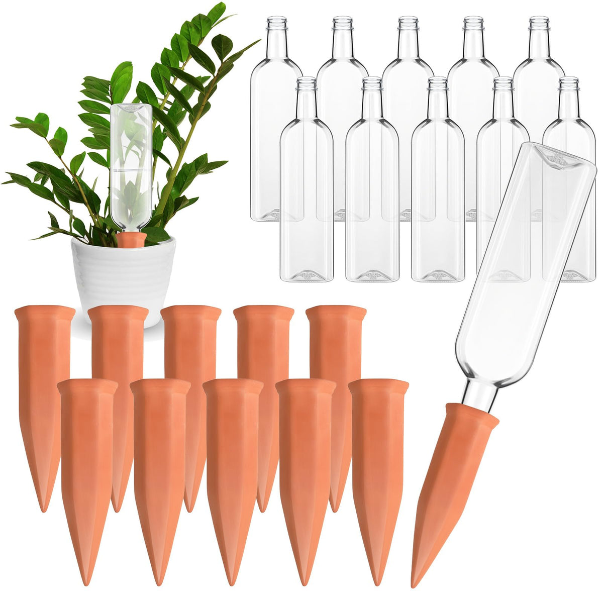 Dandat terra-cotta self-watering spike delivers steady indoor moisture.