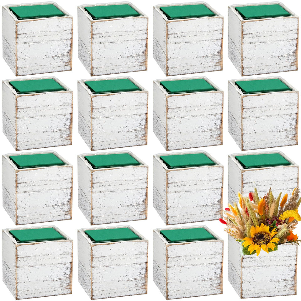 Dandat wooden cube planter 4in with a white rustic finish, ideal for centerpieces.
