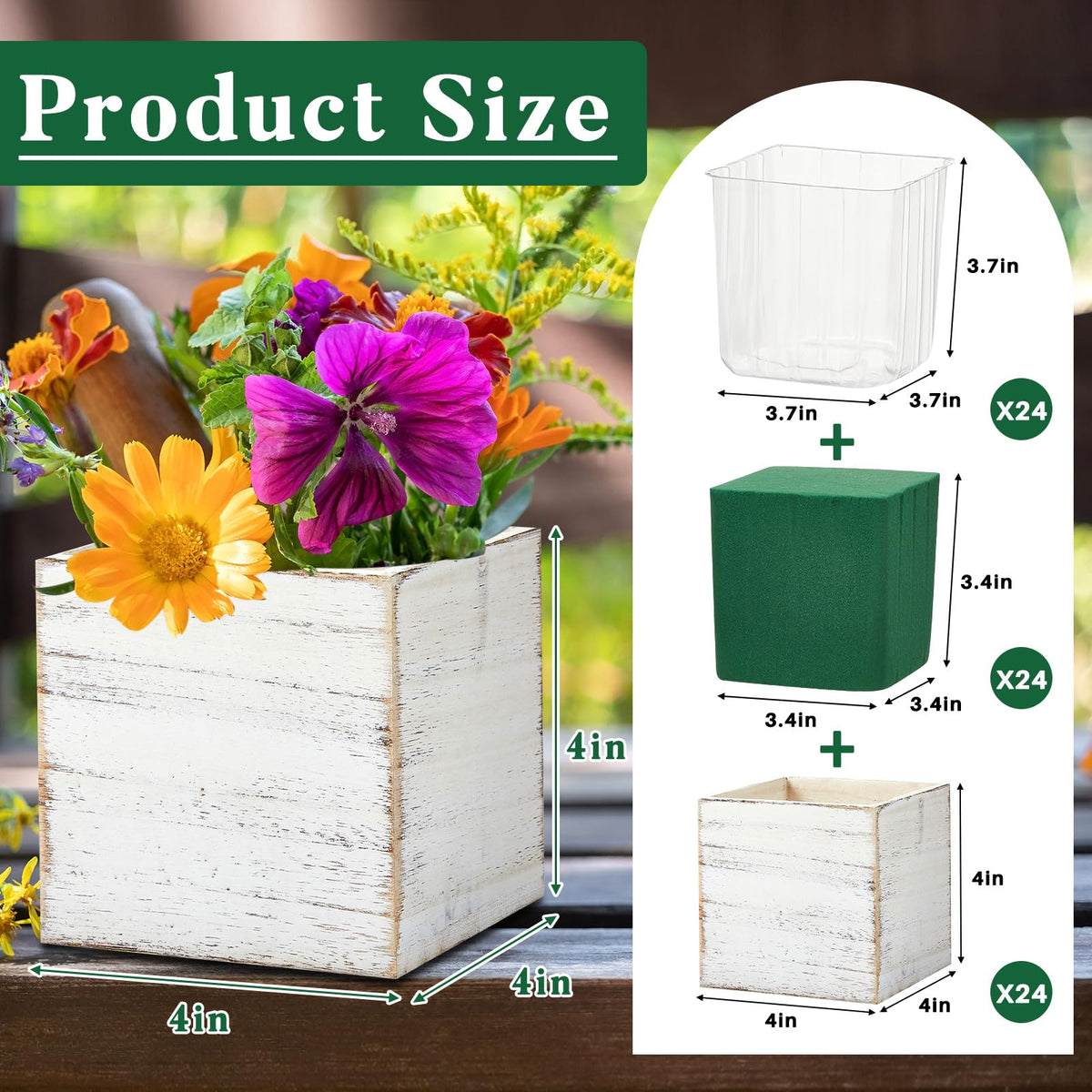 Dandat wooden cube planter with removable plastic liner for easy watering and cleanup.