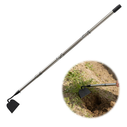 Daneried garden hoe with long adjustable handle for comfortable, upright weeding.