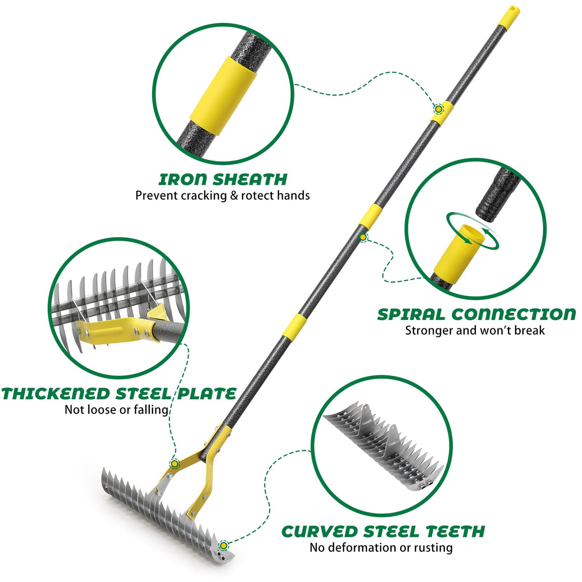 Daneried Thatch Rake double-sided teeth for waste collection and soil leveling.