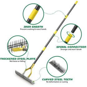 Daneried Thatch Rake double-sided teeth for waste collection and soil leveling.