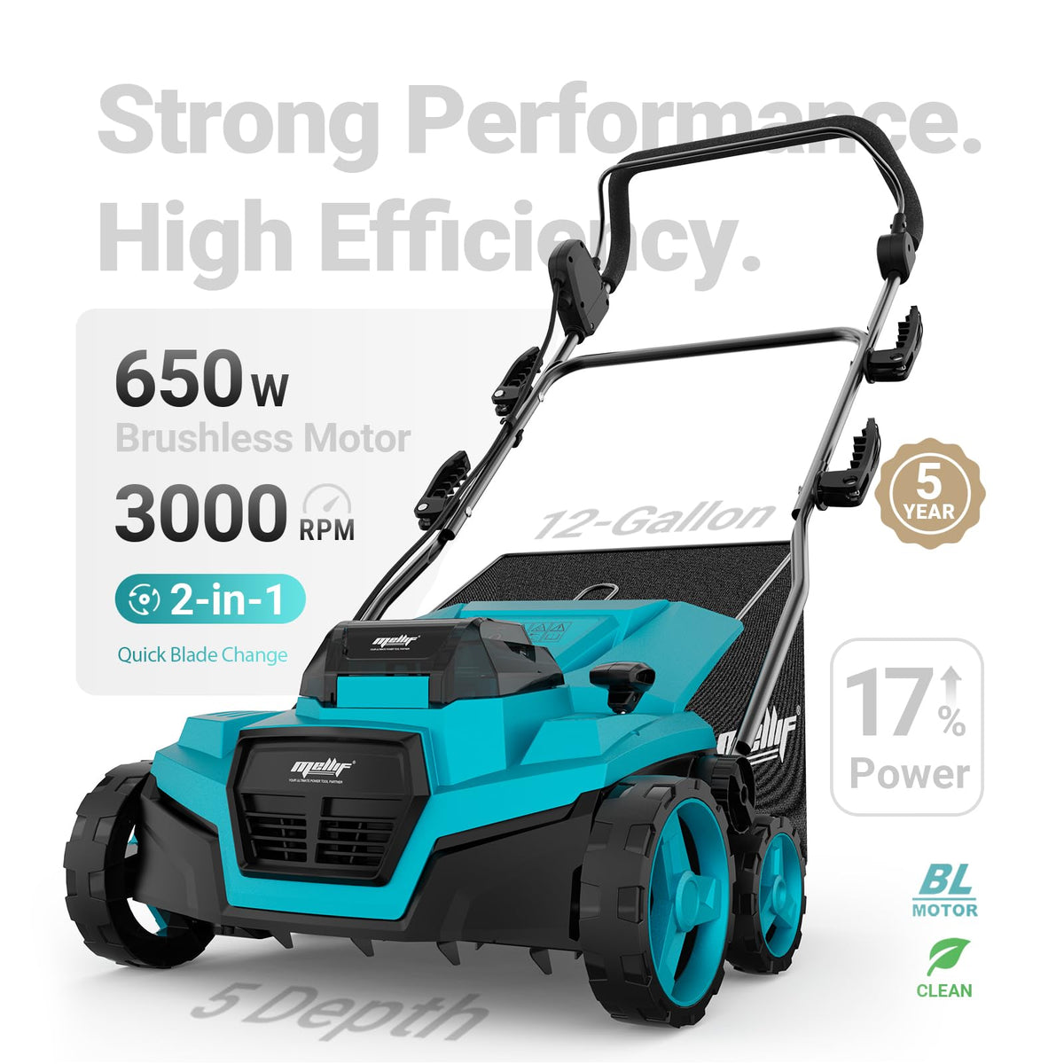 Danero 2-in-1 dethatch and scarify function for versatile lawn care.