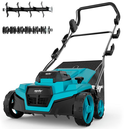 Danero 36V dethatcher battery compartment with two 18V slots for powerful cordless operation.