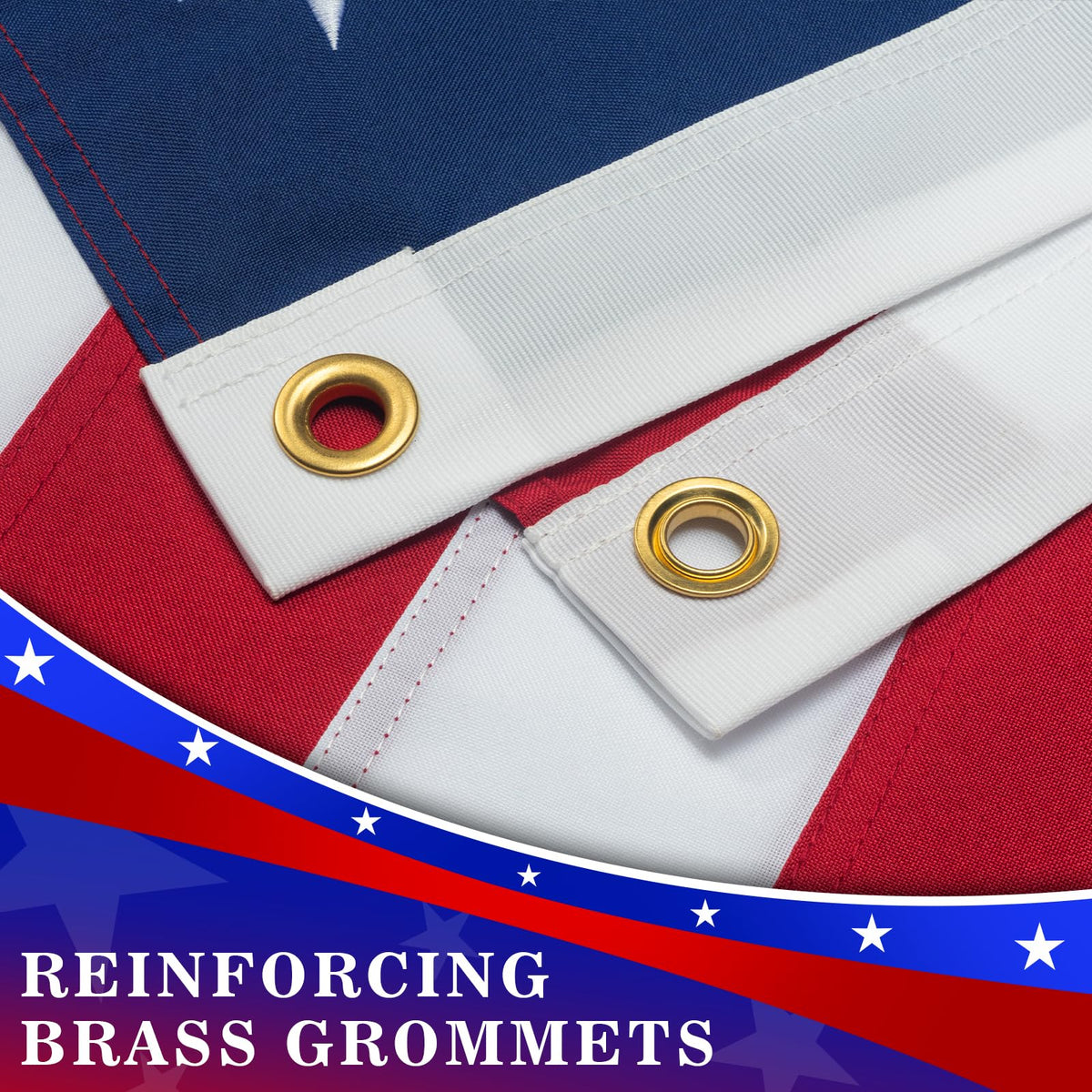DANF FLAG brass grommets closeup shows sturdy hardware for weather exposure.
