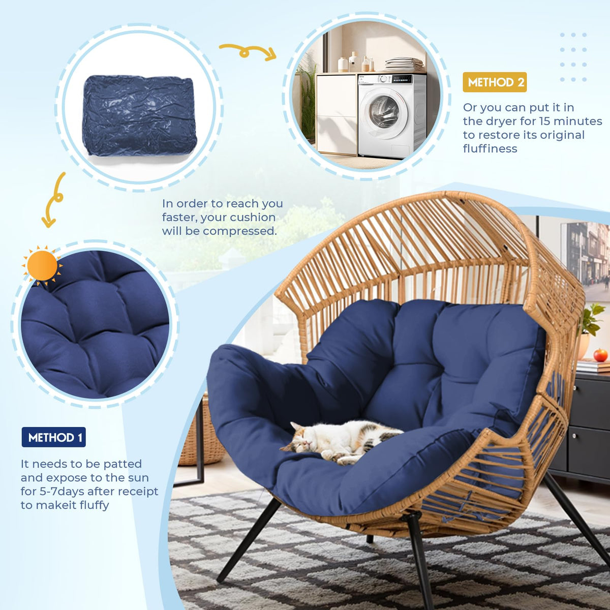 DANGHOOGY egg chair cushion navy wipe-clean surface for simple upkeep.