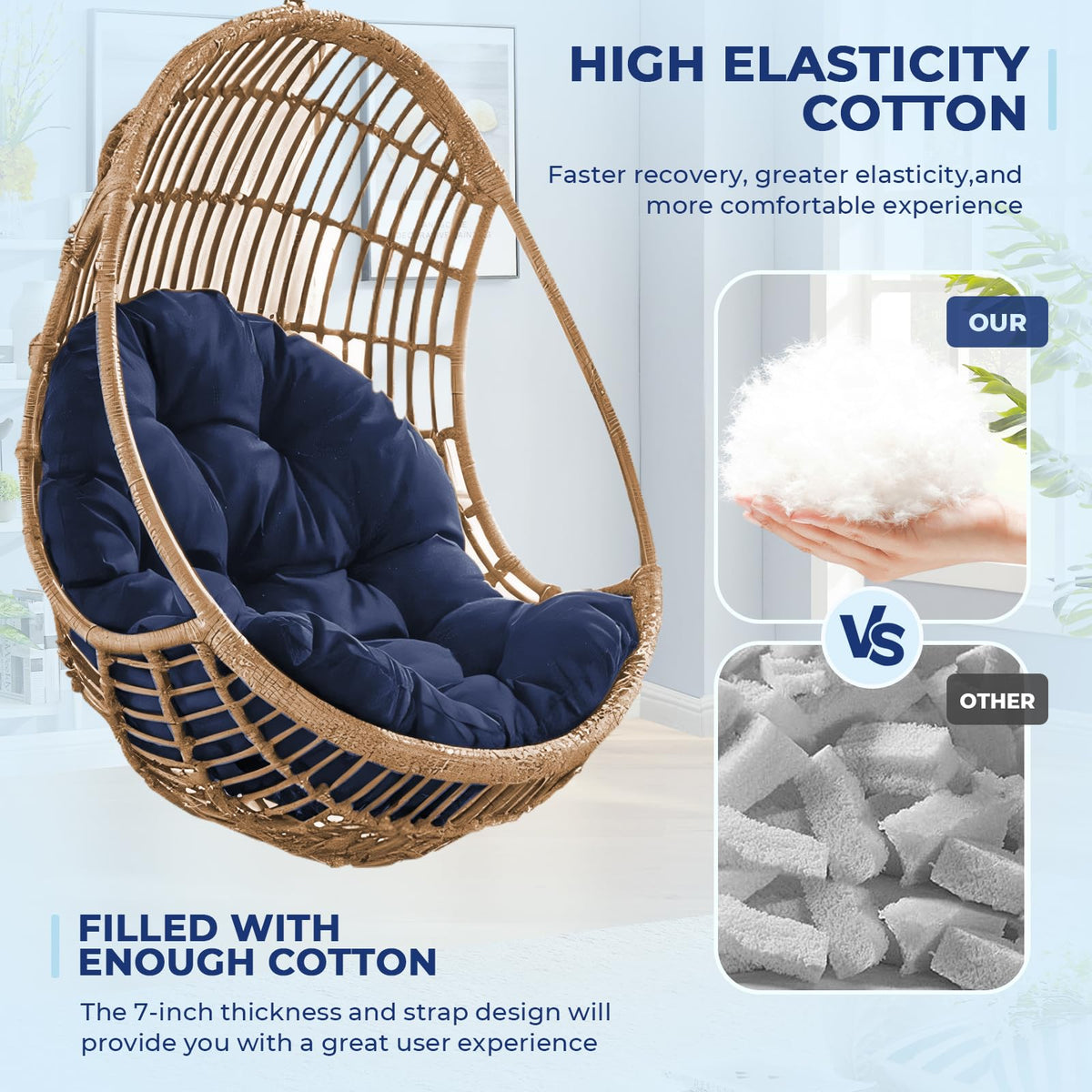 DANGHOOGY egg chair cushion navy in-use on patio for comfortable seating.