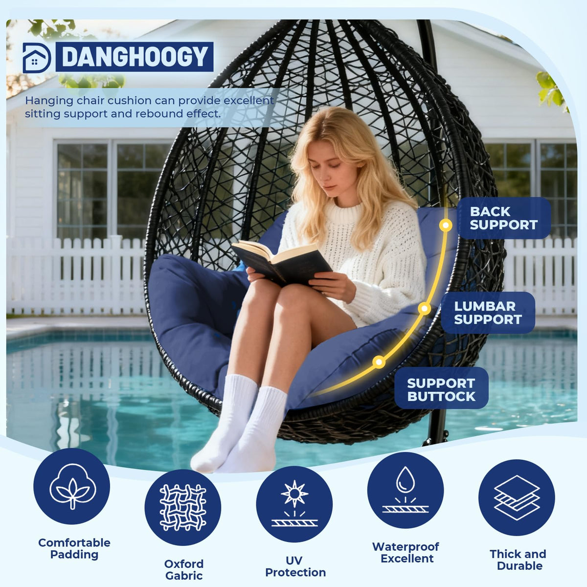 DANGHOOGY egg chair cushion navy side view shows 7-inch padding for support.
