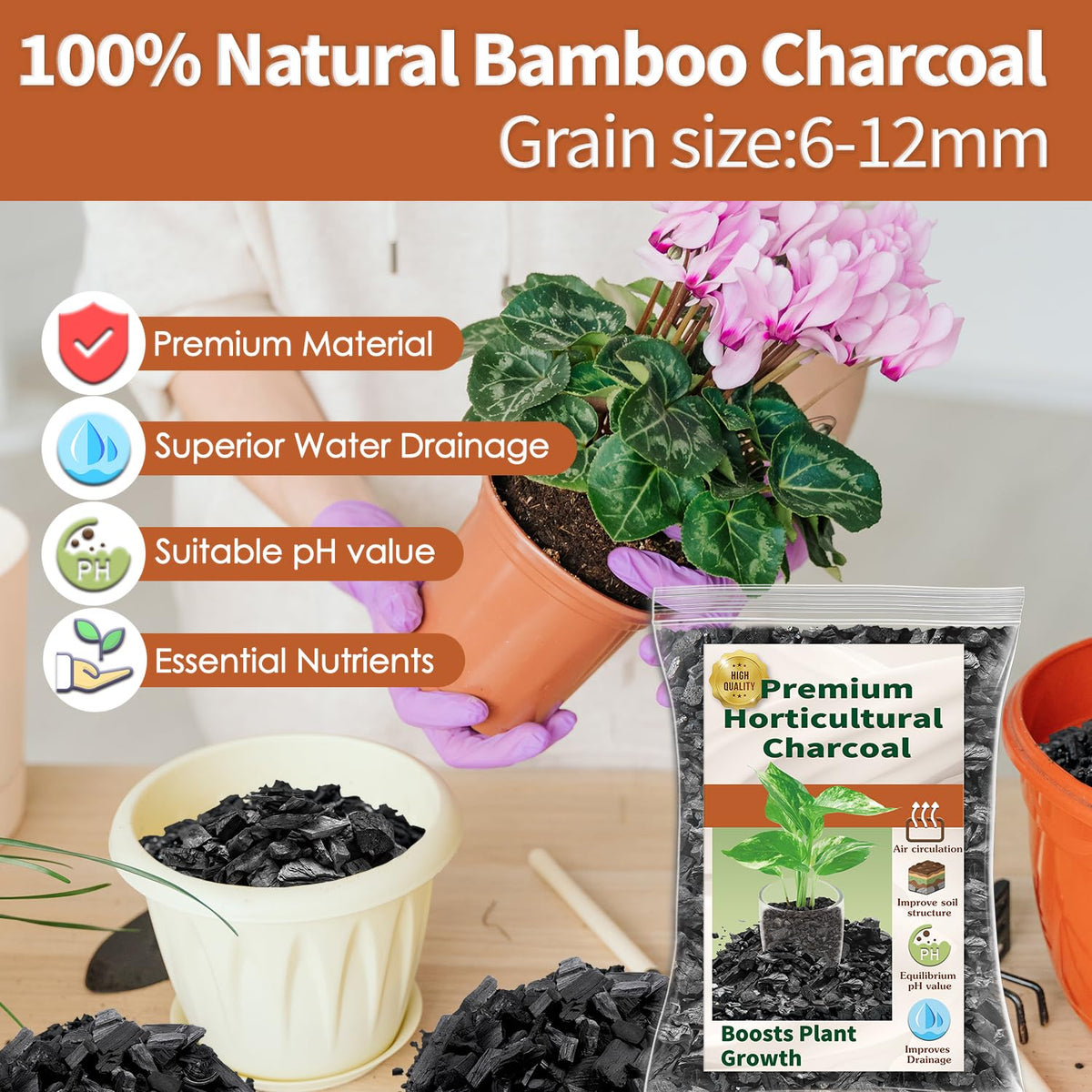 Close-up of DANGKELILI bamboo charcoal granules showing 6–12 mm size.