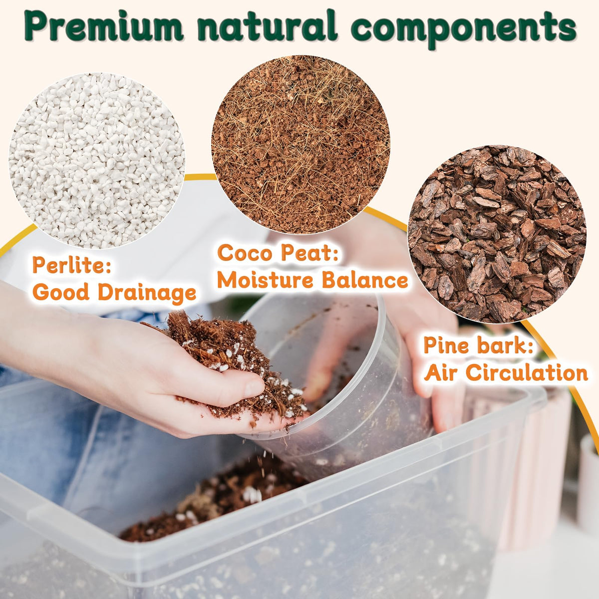 DANGKELILI orchid bark potting blend close-up showing pine bark and perlite for drainage.