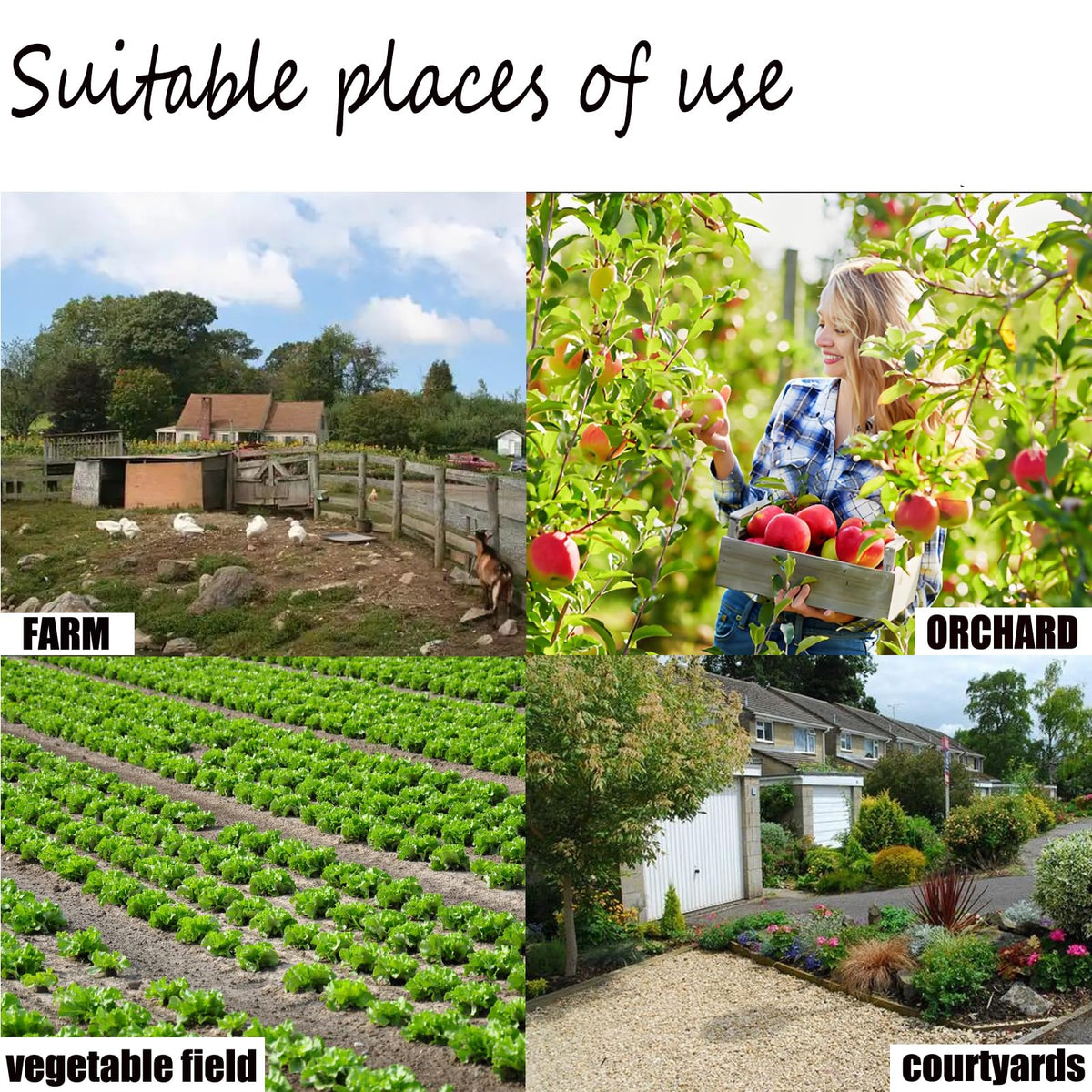 Outdoor-use scene demonstrates versatile placement in gardens and farms.