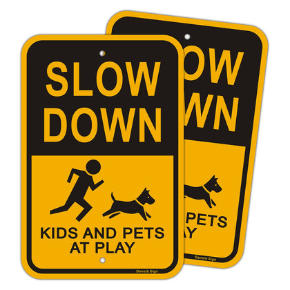 Danoib Slow Down Kids at Play sign front view with high-visibility colors for neighborhood awareness