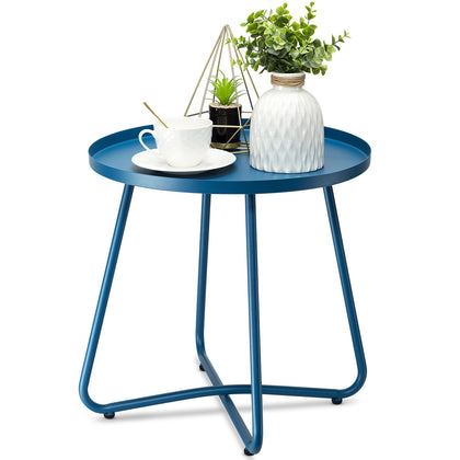 Danpinera outdoor side table with blue round top, ideal for small patios and stable support.