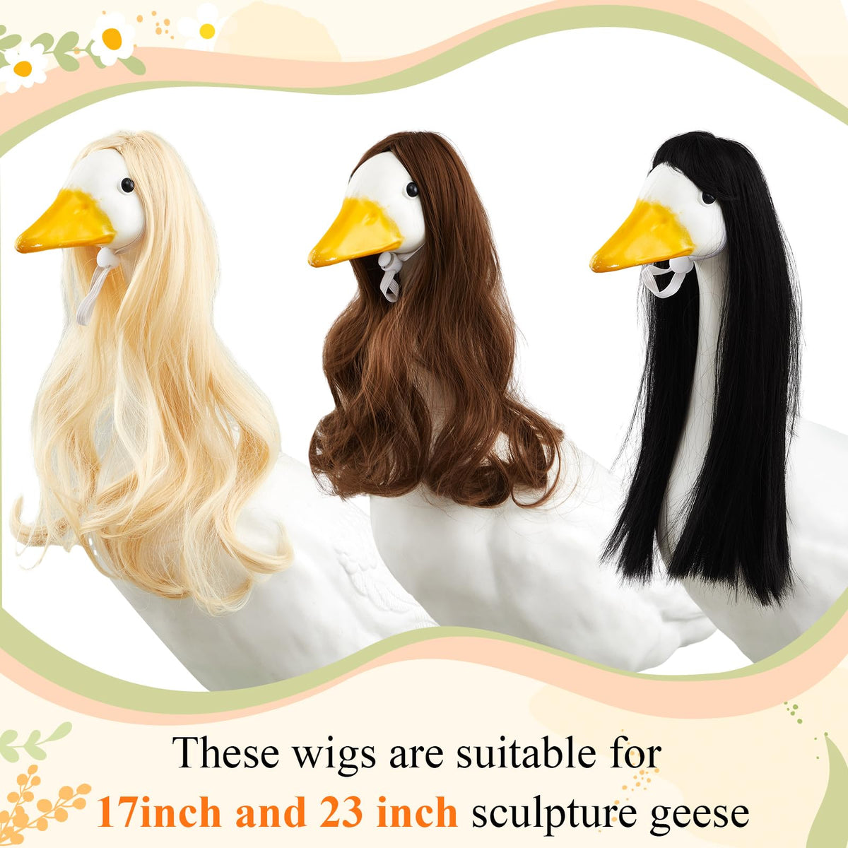 Dansydaisy long curly blond goose wig offers playful texture for yard statues.