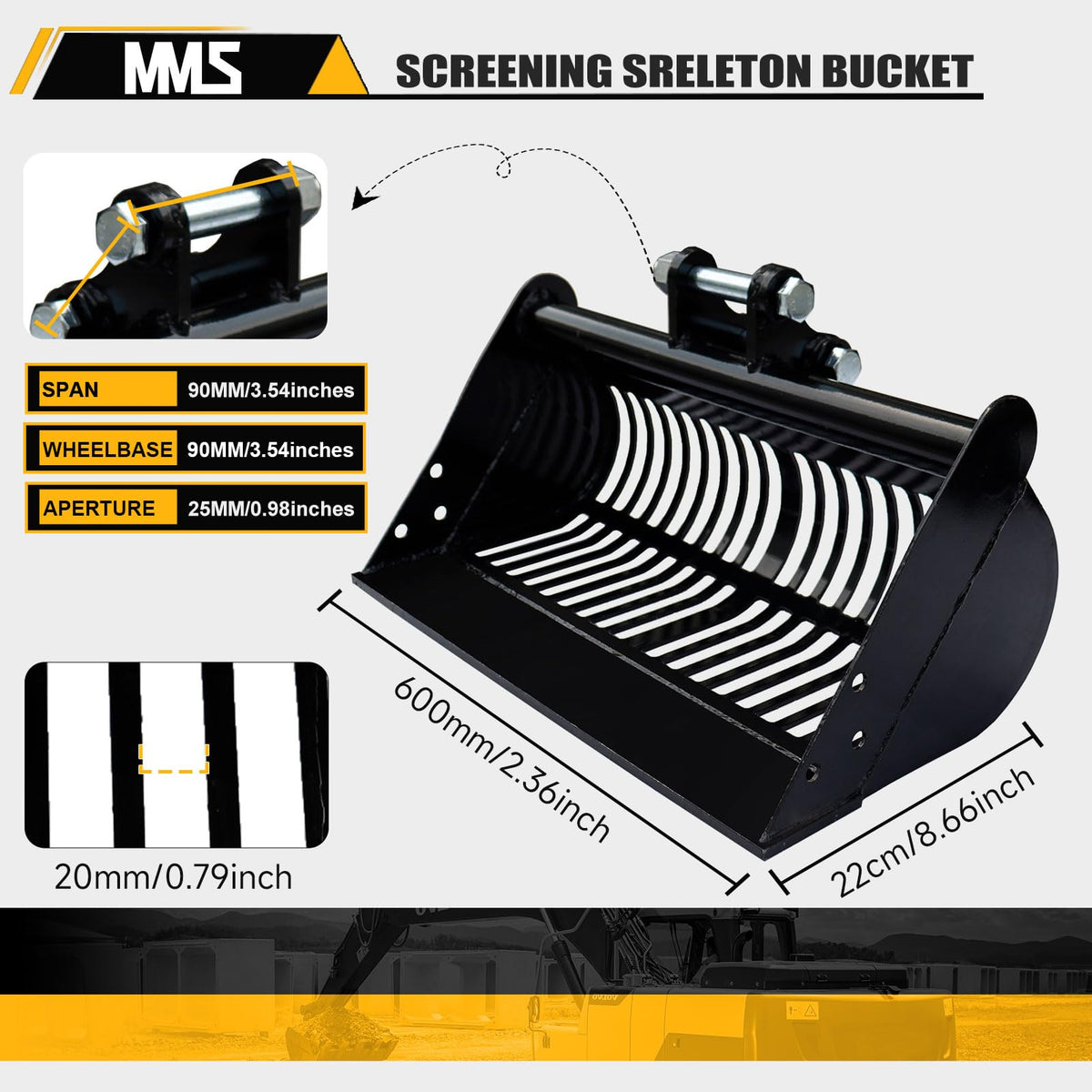 DANWIWEE screening bucket close-up highlights manganese steel durability for long-lasting use.